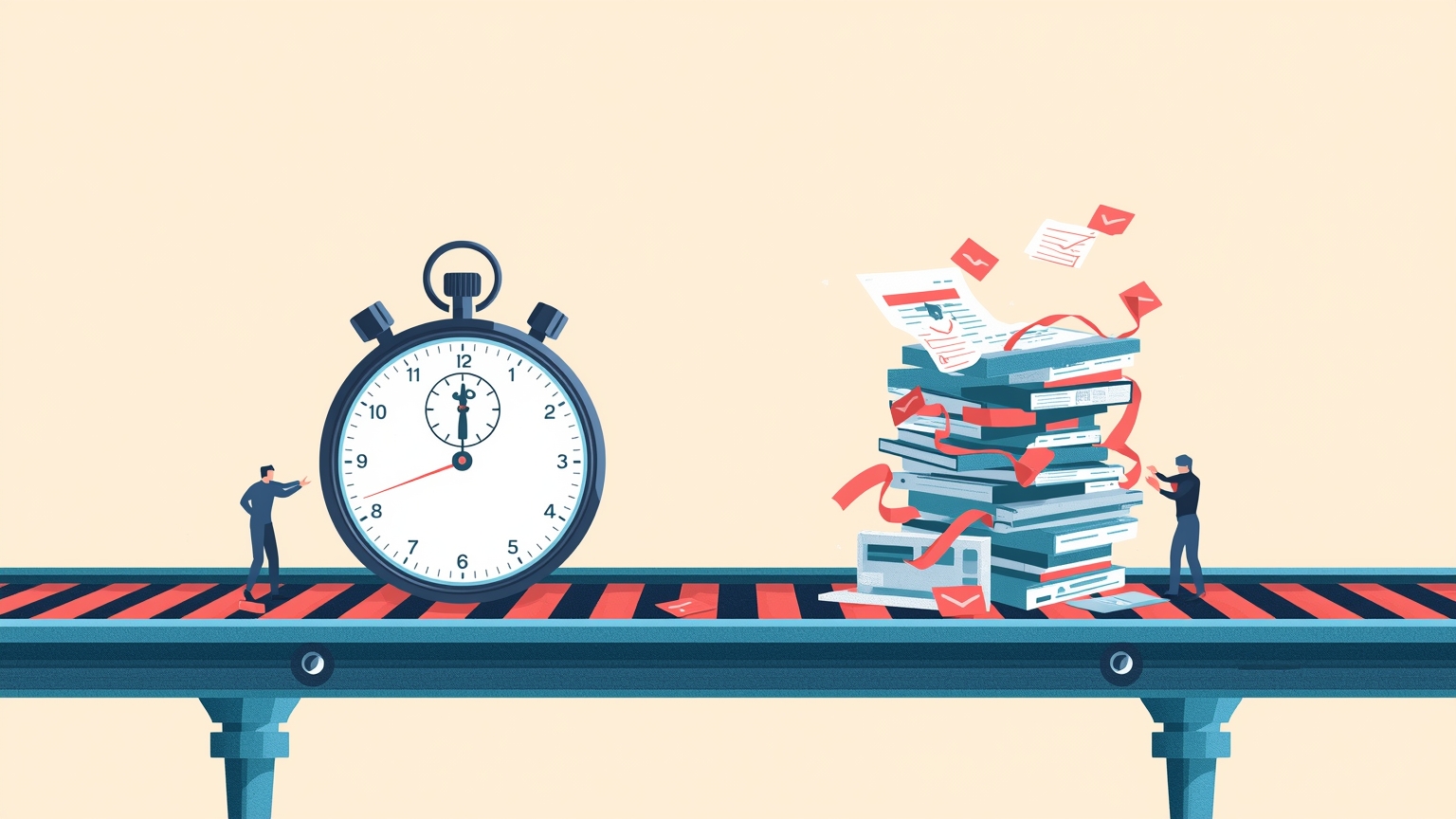 A conveyor belt carries two stopwatches; one reads 90 seconds while the other is buried under a growing pile of approval stamps and checklists that workers struggle to sort.