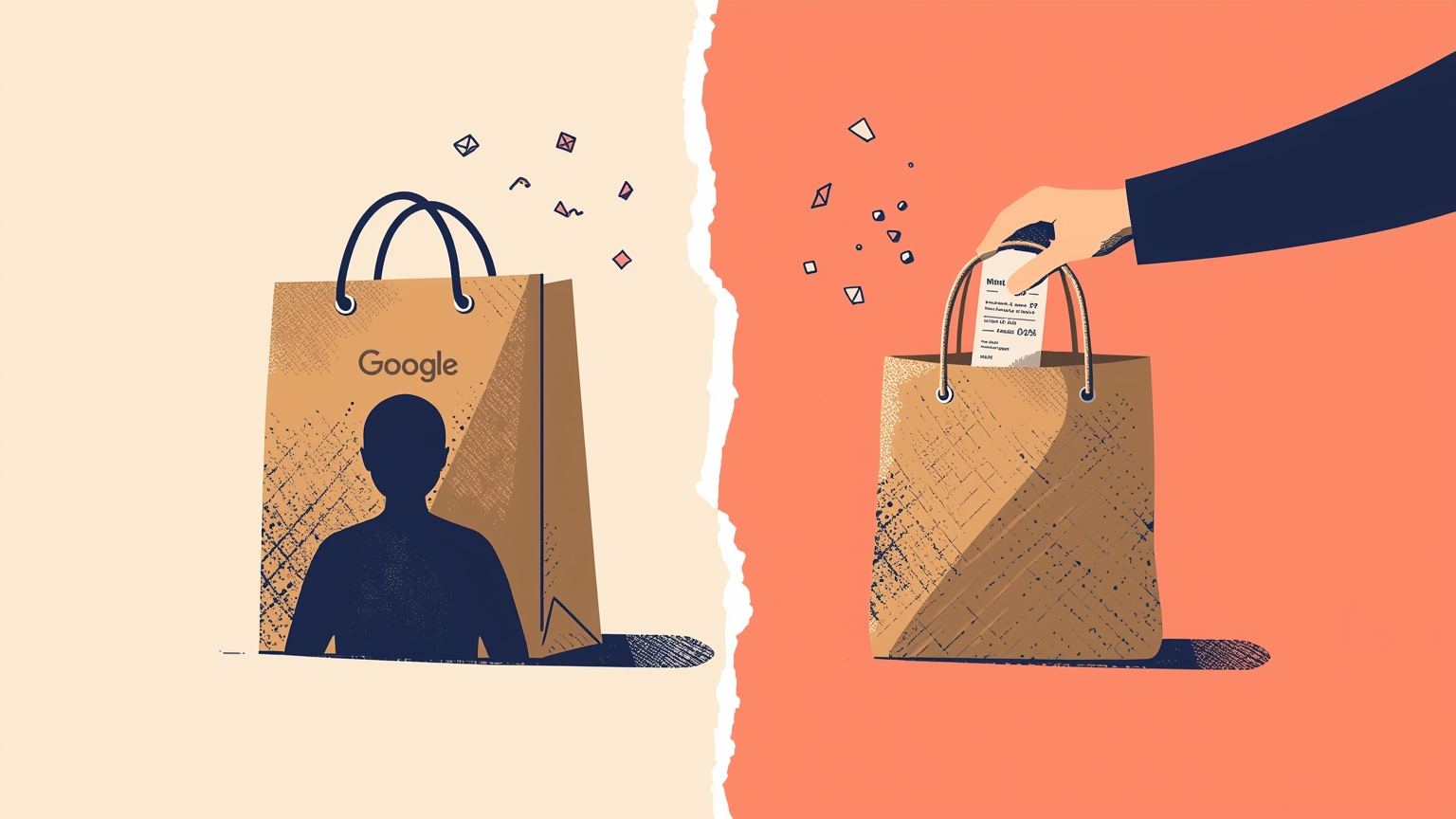 A shopping bag split in two: one half a sealed parcel with a blurred customer silhouette inside, the other an open woven bag with a merchant's hand passing a loyalty card to a customer, a torn receipt between them with data particles drifti