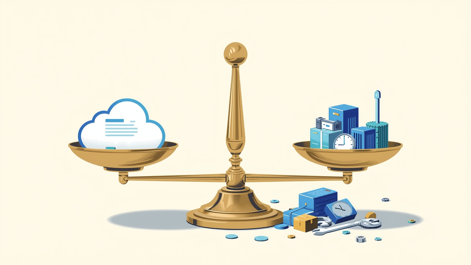 A brass balance scale tilts toward a pan holding a server, wrench, clock, and padlock—unpriced operational burdens—against a lighter pan with a single cloud-shaped invoice.