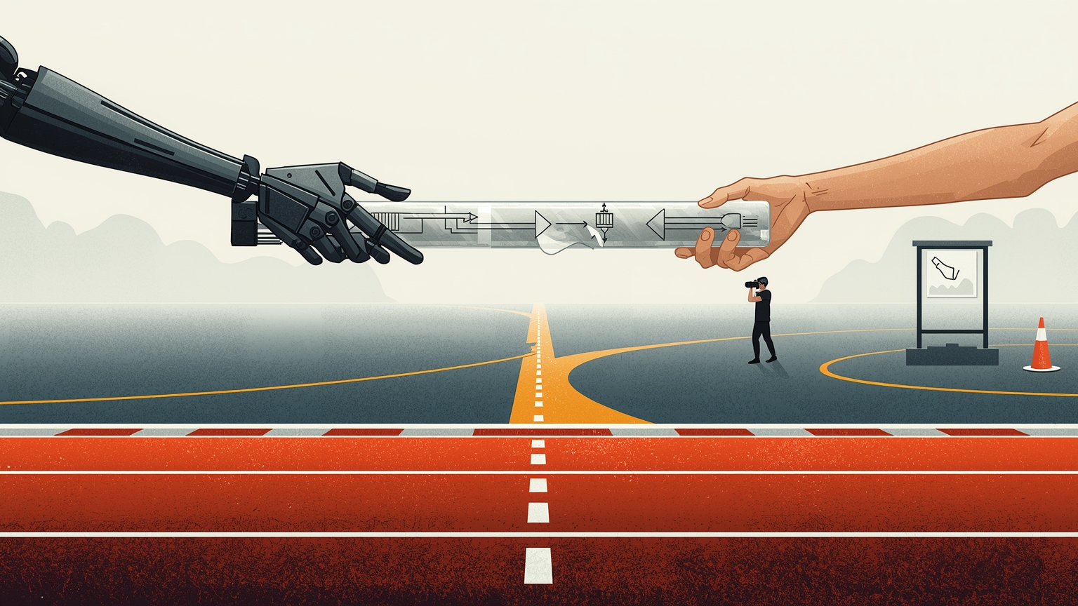 A mechanical-armed runner hands a transparent baton containing a flowchart to a human runner at a track split; one lane disappears into fog, the other leads to a finish line watched by a figure in an observation booth with binoculars.