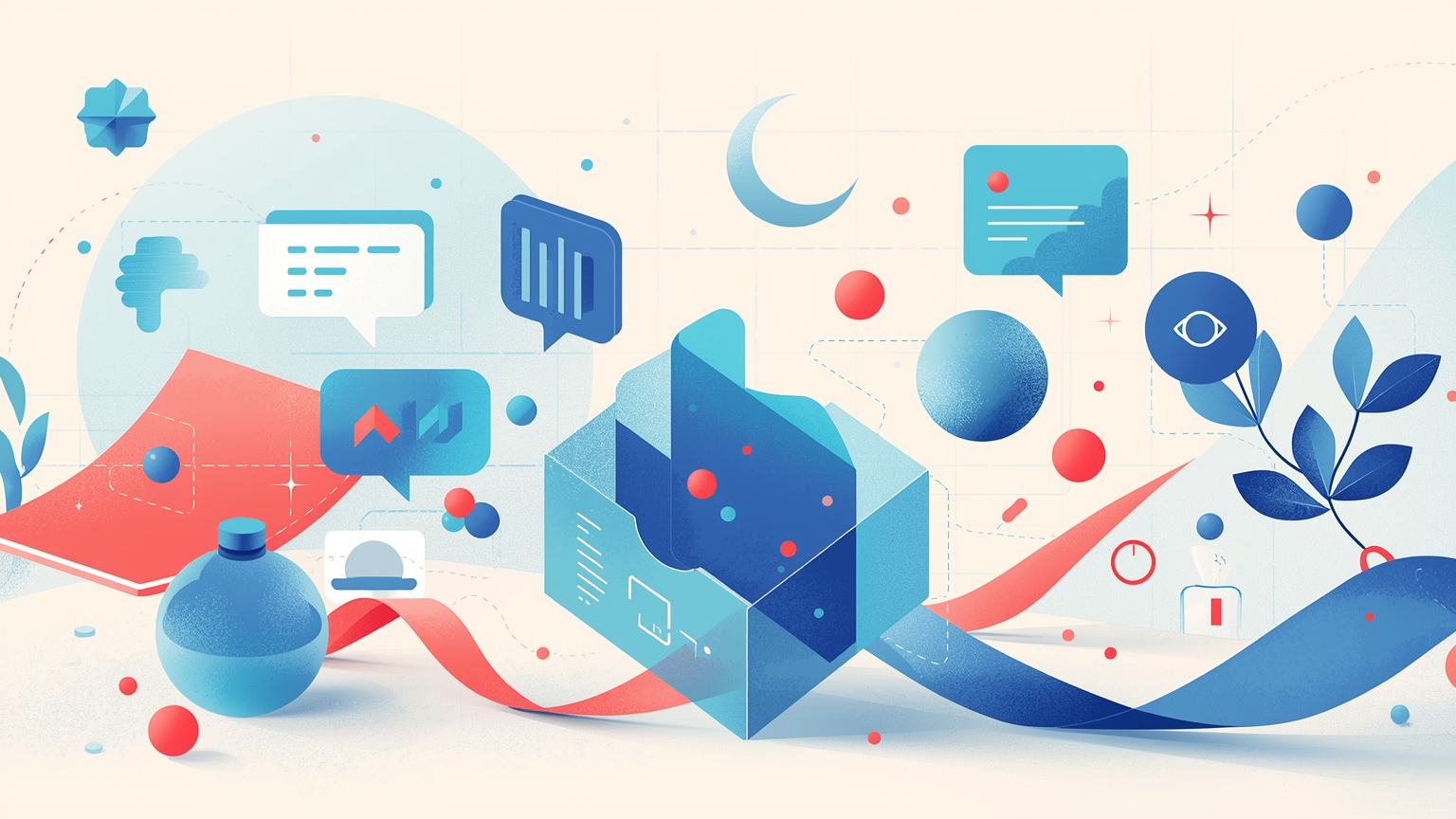 A single customer profile card floats at the center of a clean workspace, with multiple glowing connection lines running from it to distinct service channels—chat bubble, phone handset, email envelope—while a human agent and AI nodes both d