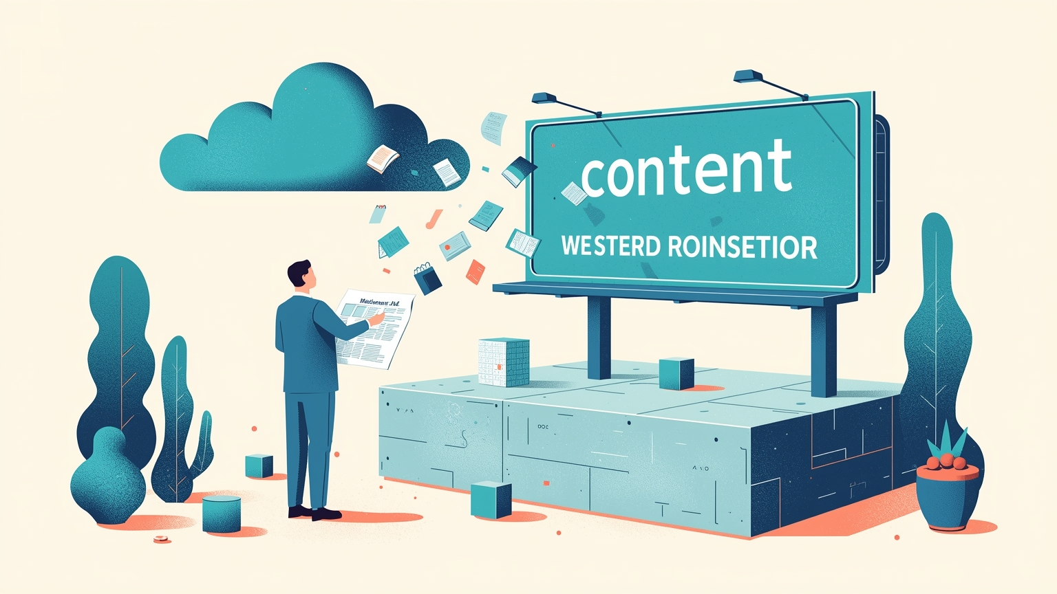 An operations leader stands on a solid concrete foundation holding blueprints, while behind them a rented billboard has its legal text hastily rewritten and content papers blow toward an opaque cloud.
