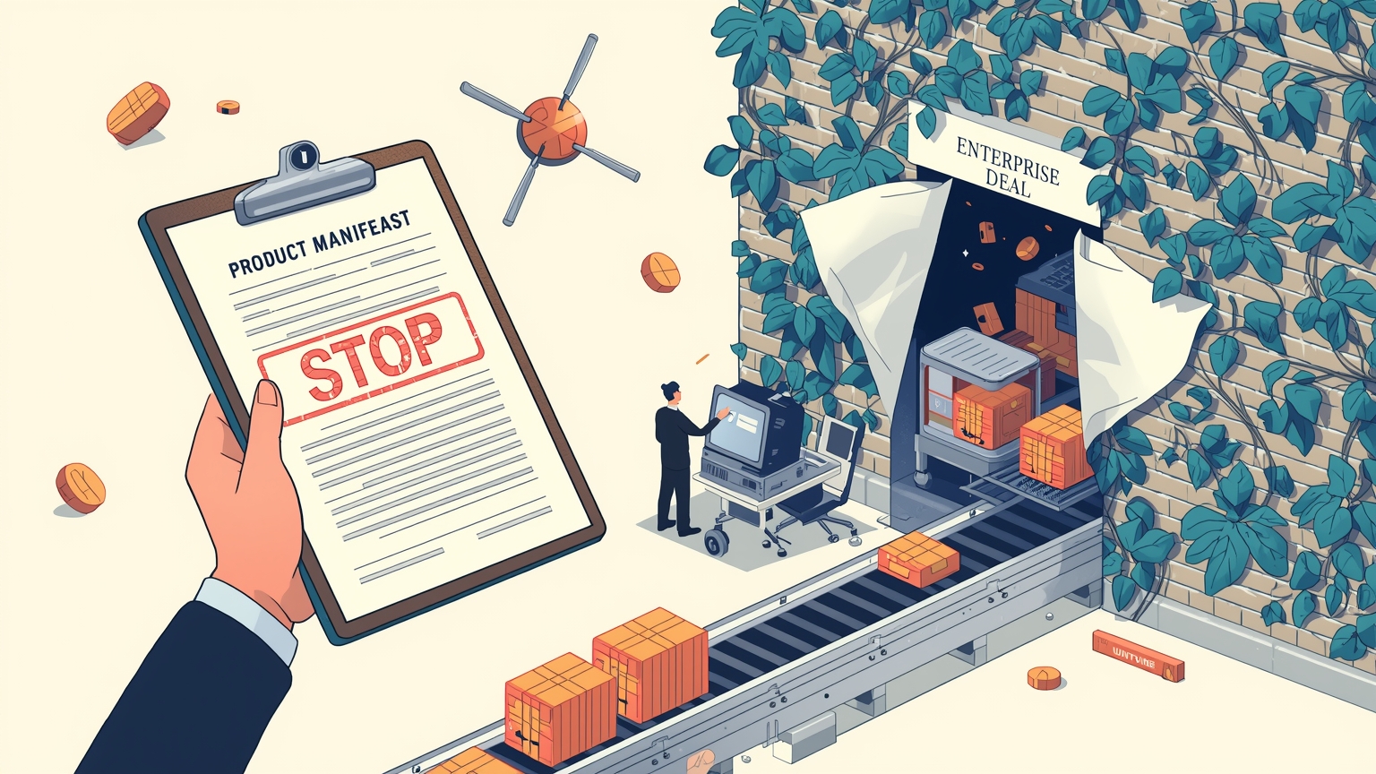 A product owner holds a shipping manifest clipboard as a red stop stamp halts a GPL-licensed code package on a conveyor belt, while ivy-covered bricks peel back to reveal hidden dependencies behind the wall.