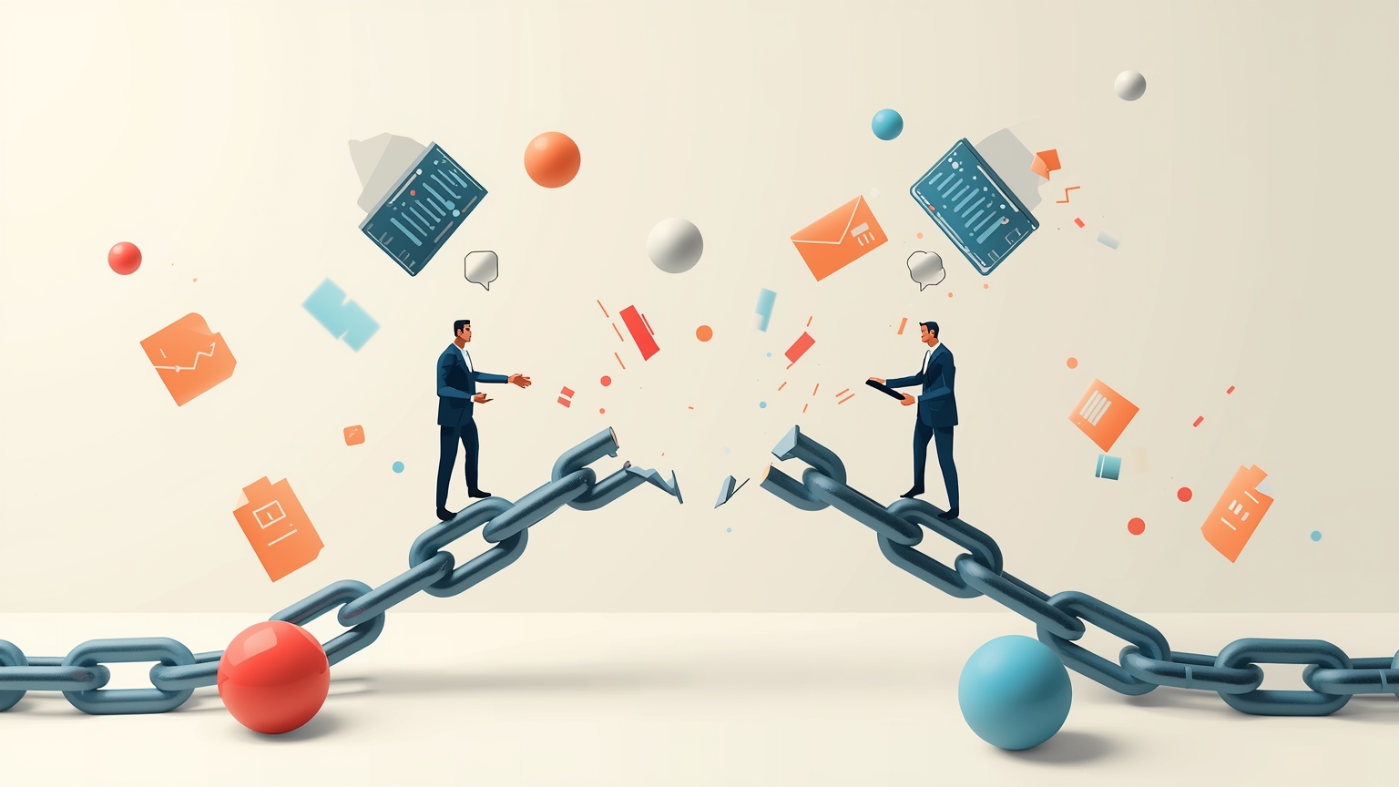 A three-link chain where the middle link labeled 'Cursor' is being pulled apart by two larger links labeled 'SpaceX' and 'OpenAI', with a small team standing on the broken chain below.