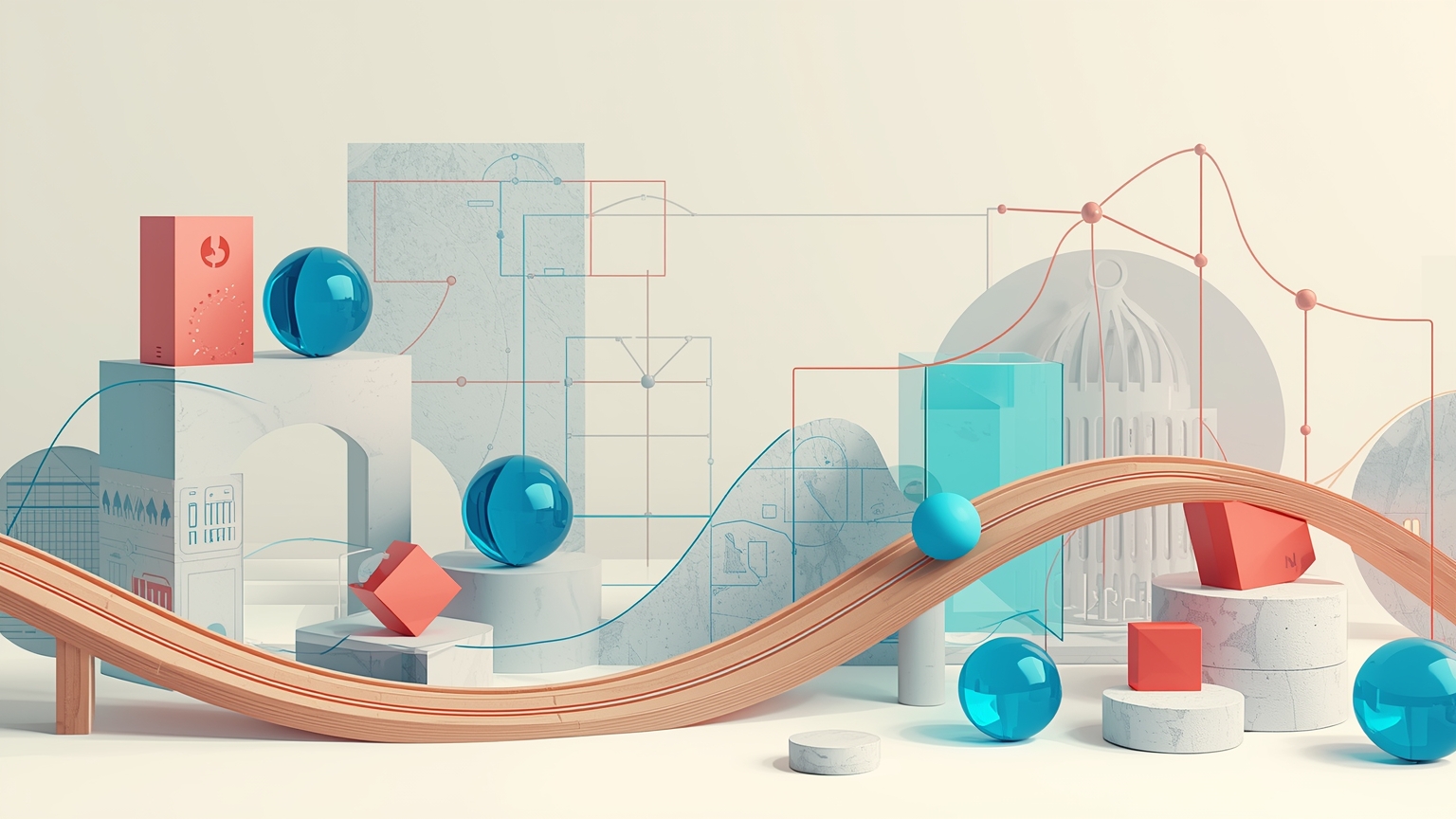 A single marble rolls cleanly down one track, while nearby a dense tangle of intersecting tracks spills marbles in unpredictable directions with no visible origin or endpoint.