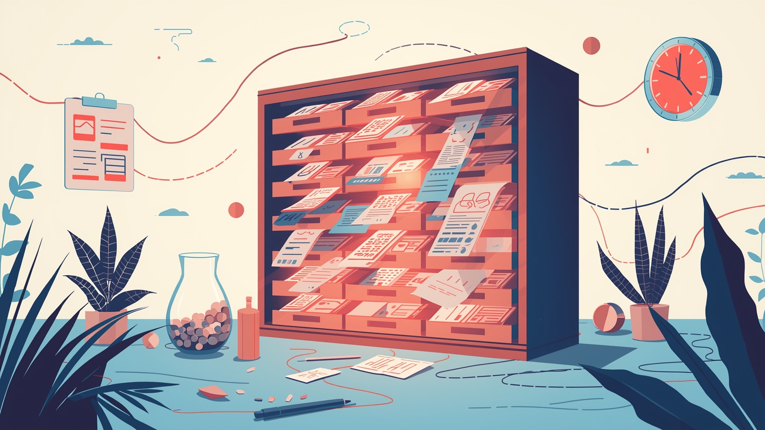 A single large library card catalog stands in an open office, its drawers pulled open to reveal glowing folders labeled with agent names, while identical loose papers scatter unnoticed across nearby desks.