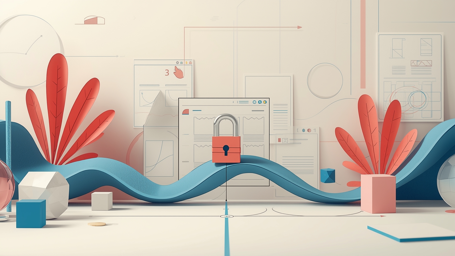 A product roadmap Gantt chart pinned to a wall with a heavy padlock suddenly clamped across its critical-path timeline, while a second identical chart behind it remains unlocked and accessible.