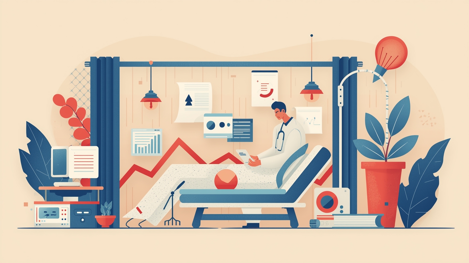 A hospital corridor where three identical patient-monitoring screens all flatline simultaneously, while a fourth smaller bedside monitor continues its steady pulse—showing that independent backup systems outlast shared infrastructure failur