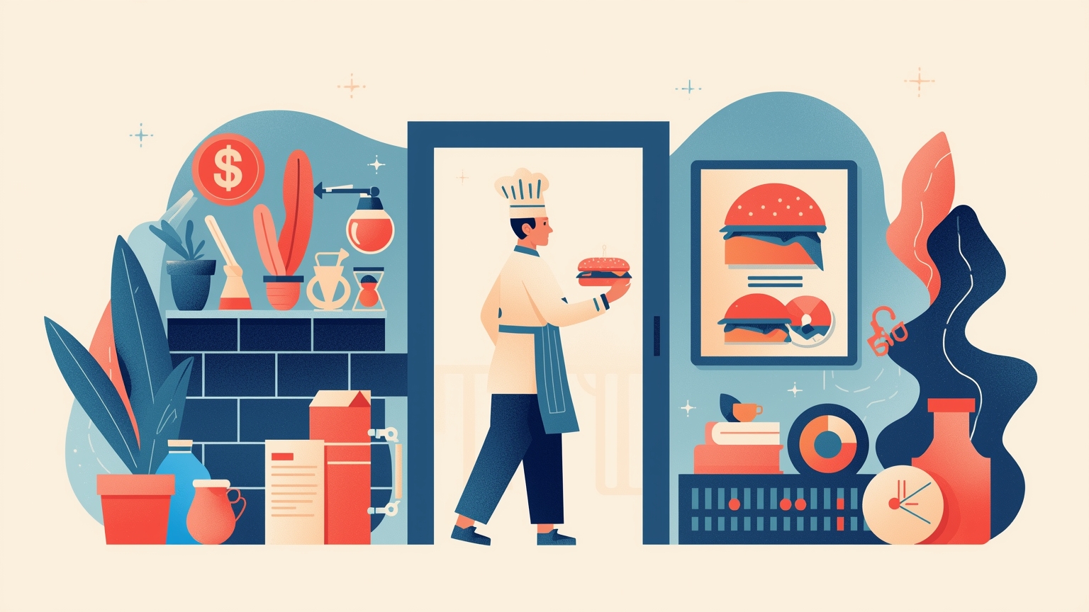 A restaurant kitchen pass-through window where a glossy AI-generated burger on a screen is being examined by a chef holding a real, imperfect, appetizing sandwich for comparison.