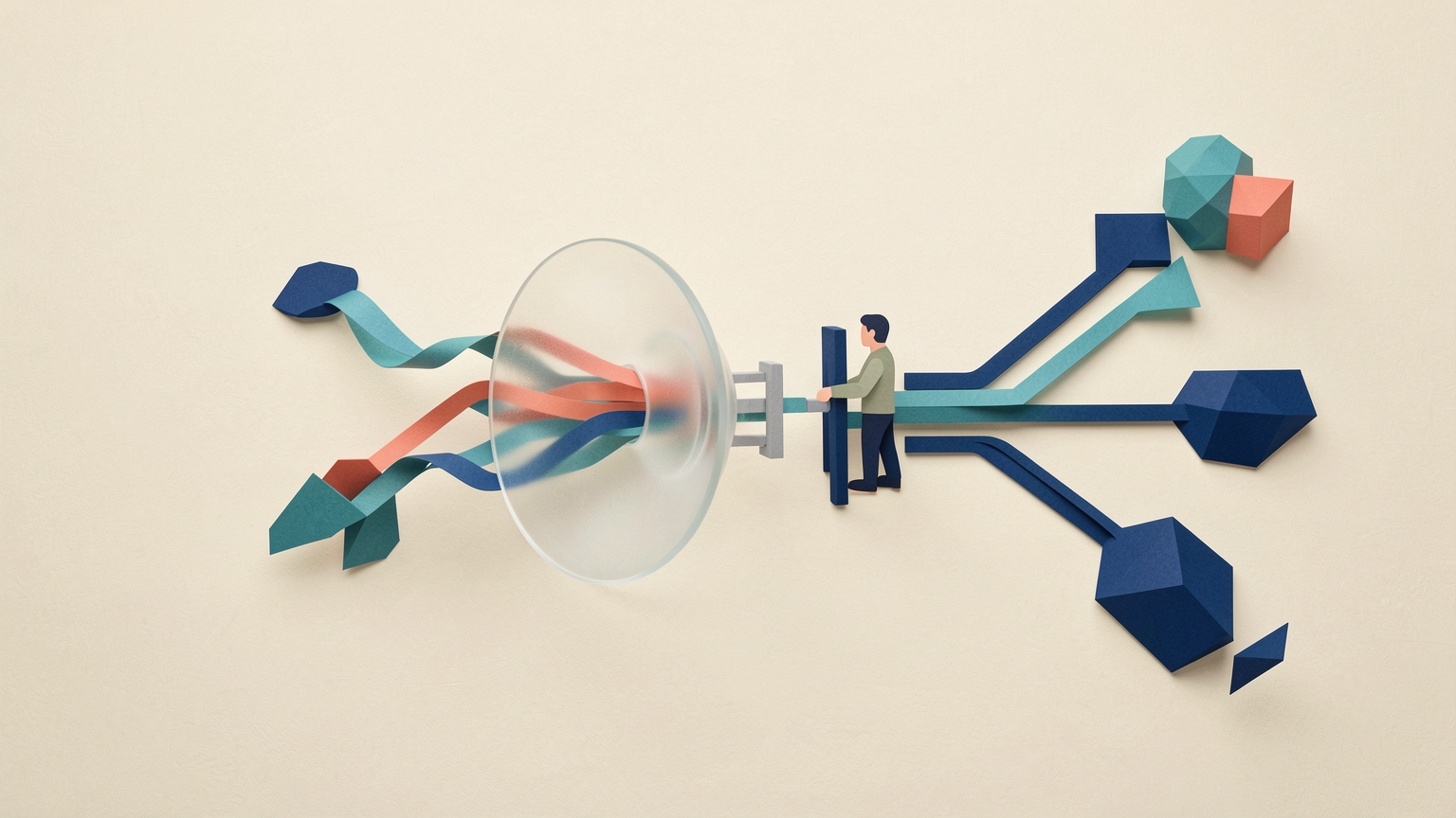 Muted irregular shapes funnel into a translucent hub; colored ribbons exit through a lever gate held by a person and branch to geometric forms.