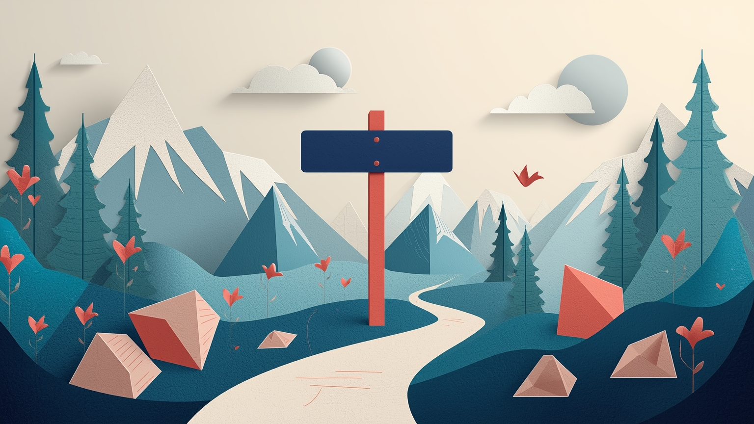 A hiking trail splits at a wooden signpost: one path leads to a bright summit, the other descends into shadow. A translucent AI interface hovers above, pointing confidently toward the darker route while a human hand reaches to adjust the si
