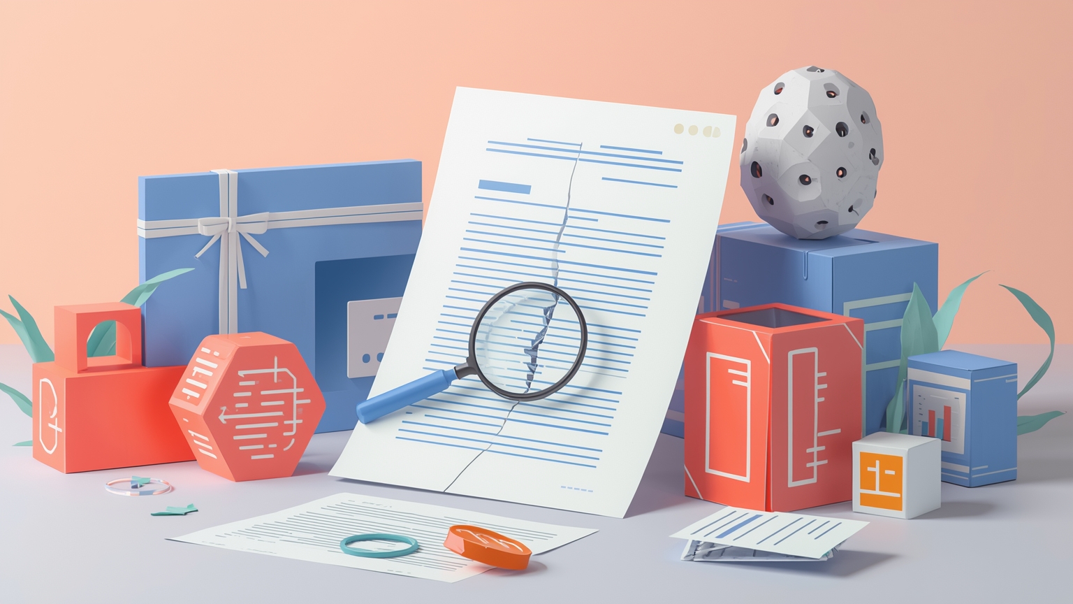 A business contract with a visible crack running through it, with a magnifying glass hovering over the fine print revealing a hidden gap where vendor liability should be