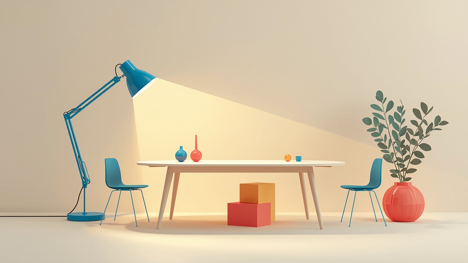 A single desk lamp pivots from illuminating an empty, isolated chair to casting light directly onto a crowded conference table where multiple chairs cluster together, its cord now plugged into the table's center rather than a distant wall o