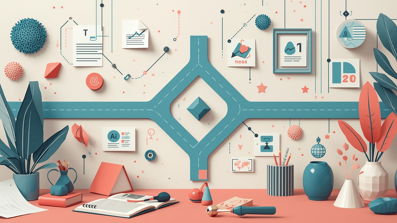 A product roadmap calendar with multiple parallel tracks, where one main track suddenly forks into several alternate paths with question marks, while a team gathers around with markers and backup plans.