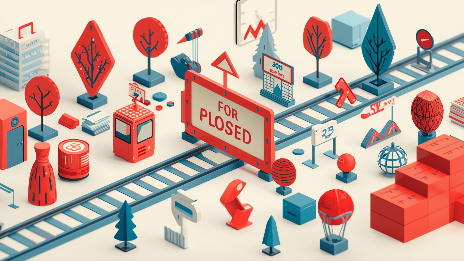 A product manager at a desk studies two parallel train tracks: one main line with a yellow caution signal and a second, narrower track running alongside with a green signal.