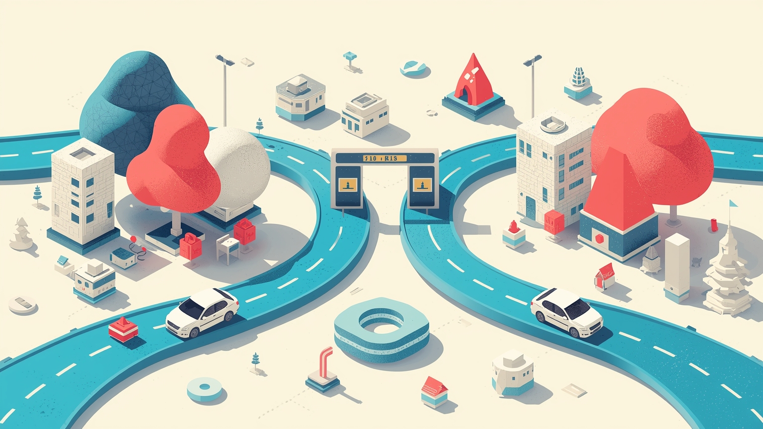 A two-lane highway fork where one lane leads to a magnifying glass labeled search and the other dead-ends at a training robot blocked by a checkpoint gate, with a business owner directing traffic from a simple dashboard console.