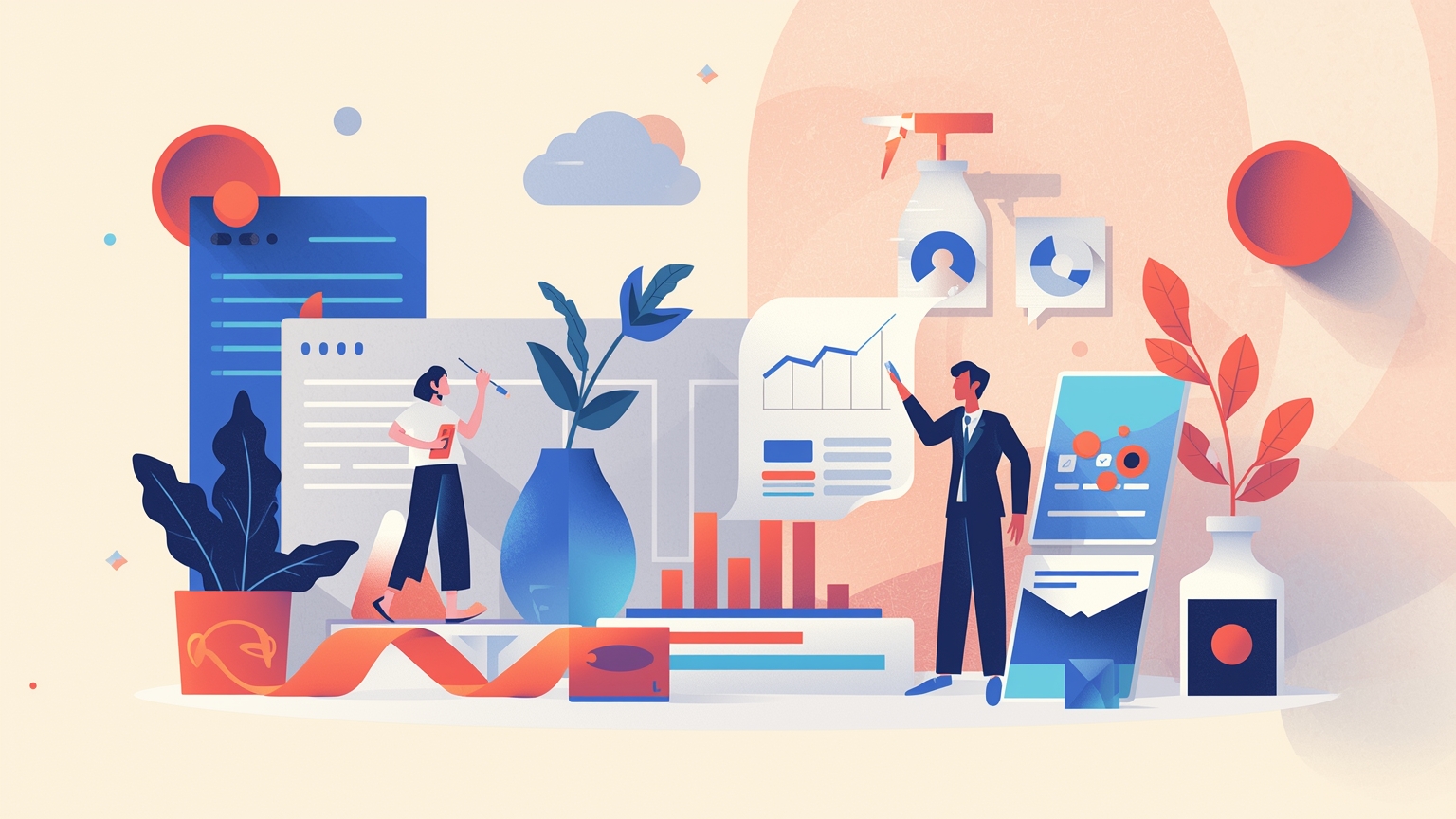 A business owner stands between two workbenches: one cluttered with tangled API cables and half-built message templates, the other holding a sleek AI agent device with its own tangled cord of oversight dials and security locks trailing behi