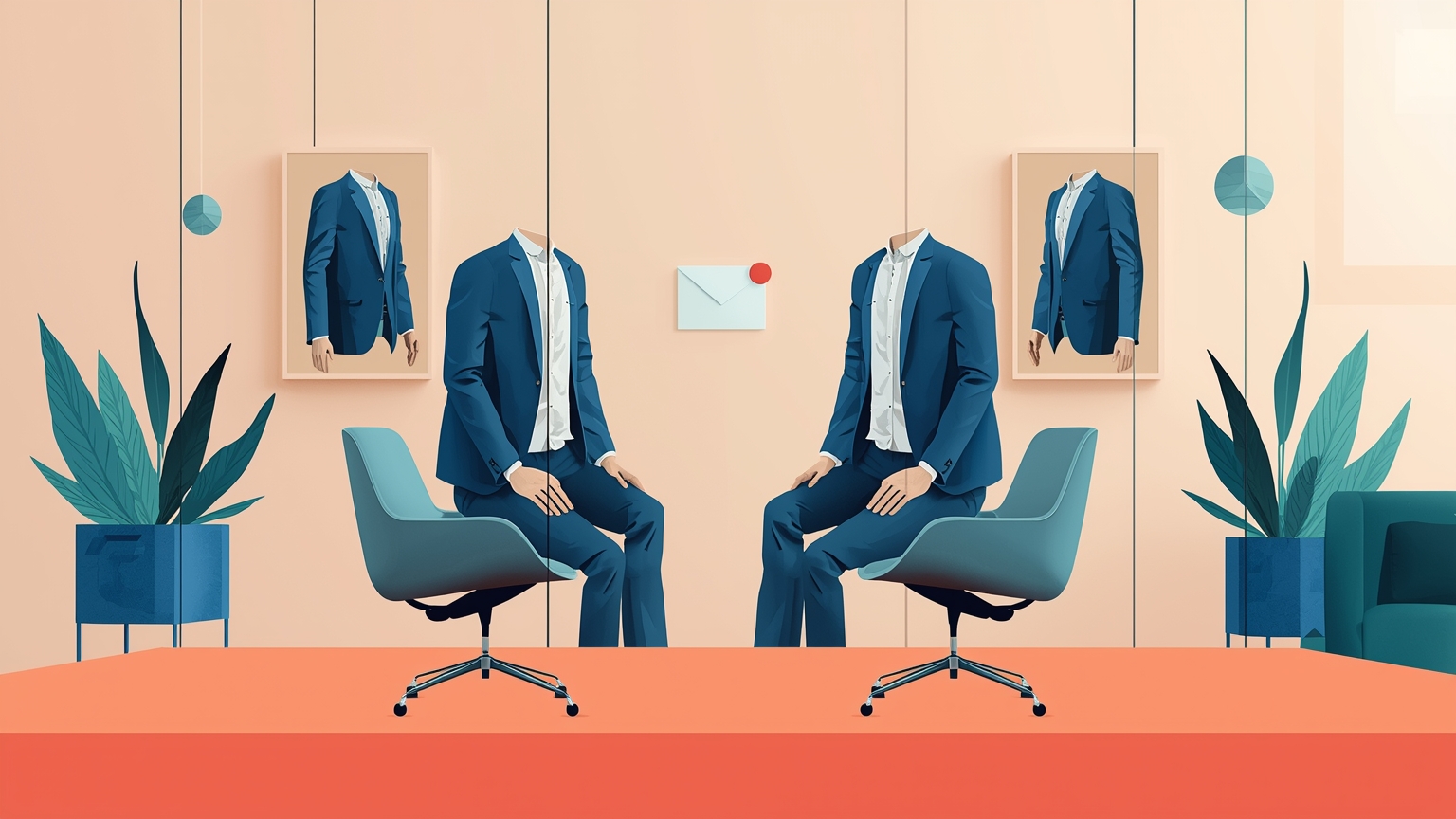 A business suit jacket draped over an office chair faces a glowing laptop screen showing two overlapping speech bubbles—one handwritten, one mechanically precise—while a glass wall behind reveals a second identical chair sitting empty in a 
