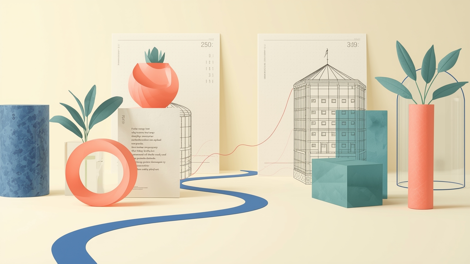 A rough cardboard architectural model sits beside a polished steel-and-glass building miniature on a workbench, connected by a dotted pencil line showing the path from quick sketch to engineered structure.
