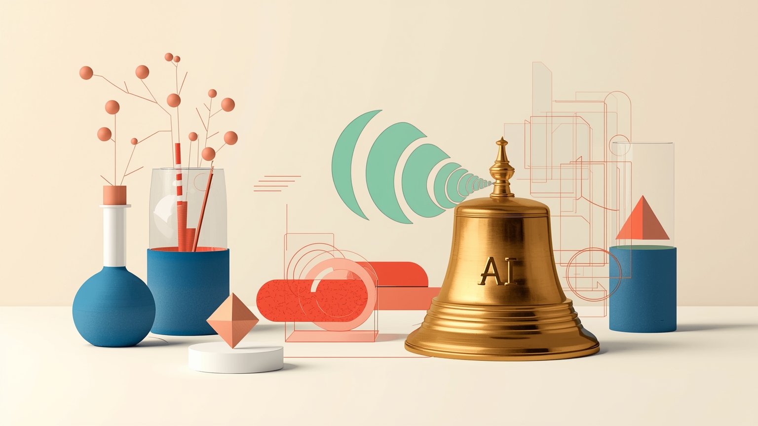 A traditional brass service bell sits on a counter, its surface half-reflecting a glowing digital waveform that rises from the base like sound made visible, suggesting automation emerging from familiar hospitality tools.