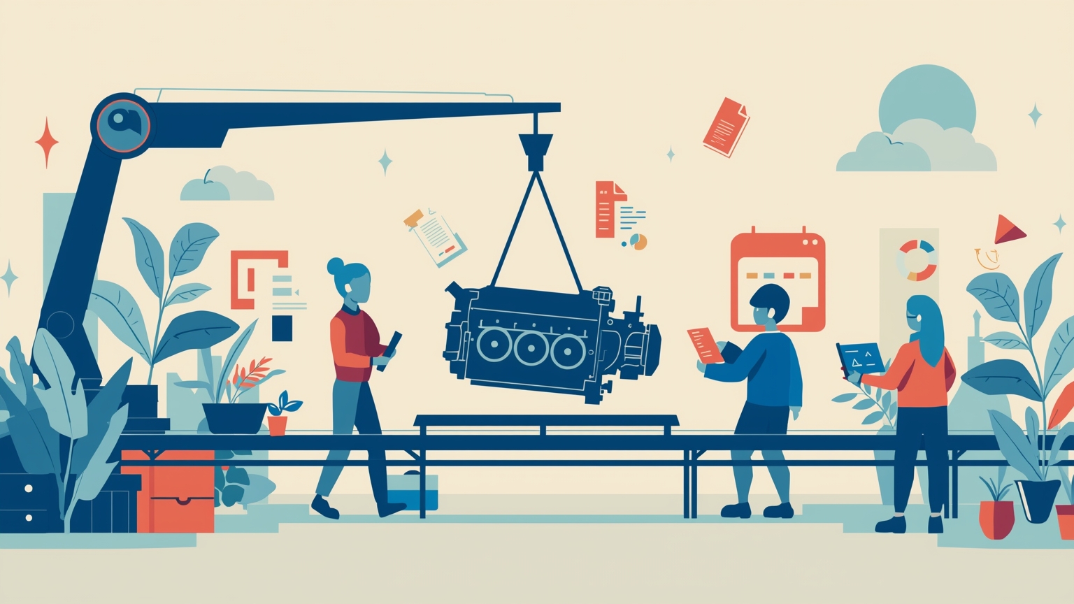 A construction crane abruptly removing a labeled engine block from an active assembly line, while workers below pause to consult mismatched blueprints and spare parts scattered on a rolling cart.