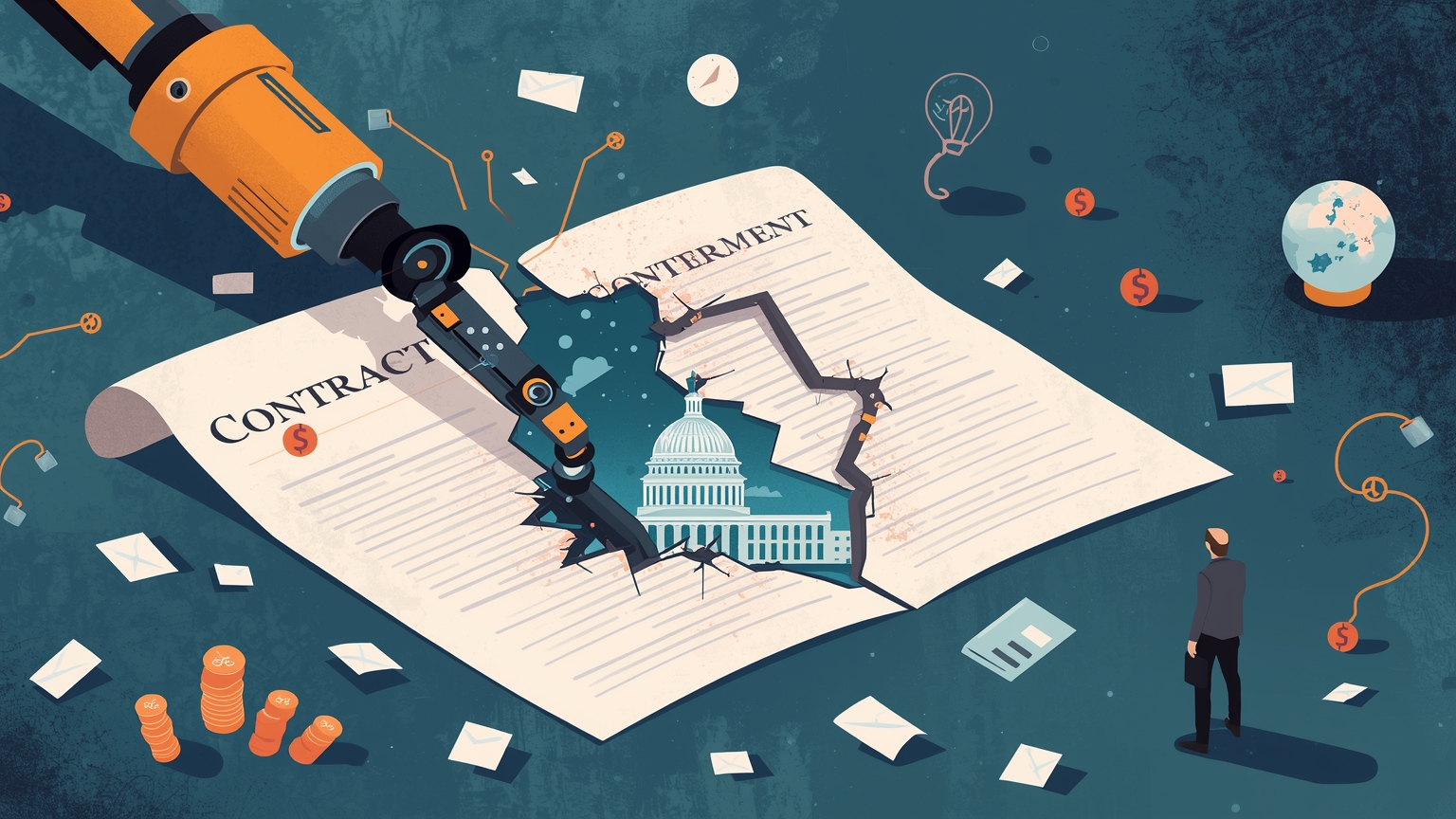 A robotic arm reaching through a torn legal contract toward a government building, while a business executive holds the broken paper edges, examining the gap.