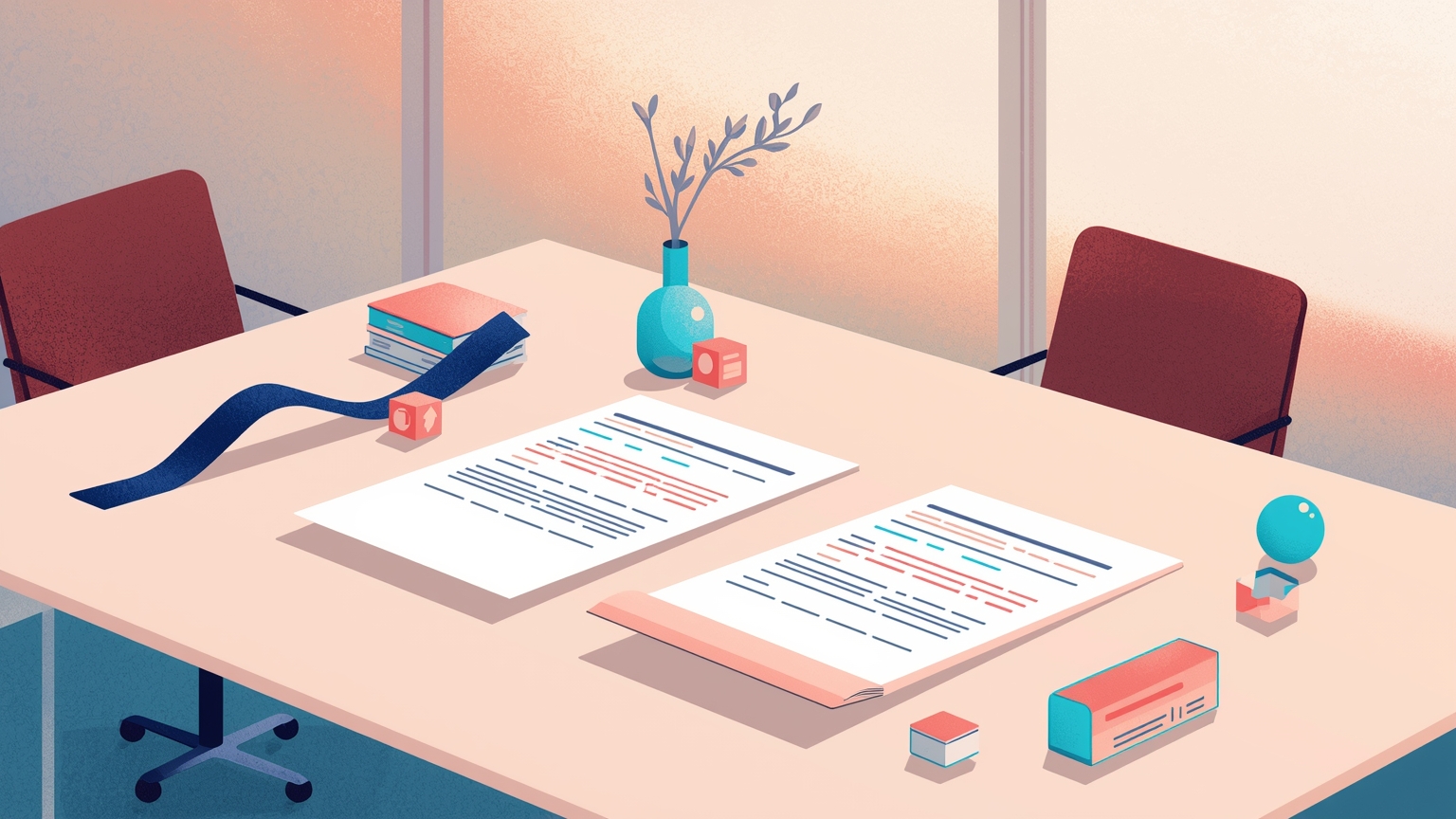 A business executive at a conference table slides an open contract toward a vendor representative, while a second identical contract on the table shows its data-retention clause highlighted in contrasting color, revealing matching and misma