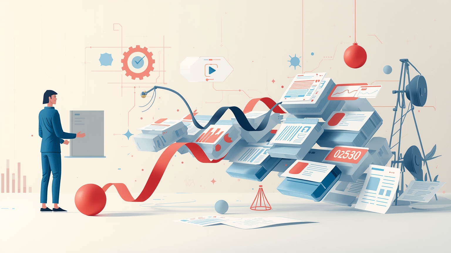 A sleek medical billing statement emerging from an AI processor splits into multiple paper trails—correction forms, compliance stamps, legal notices—each trail growing heavier and more tangled than the original document.