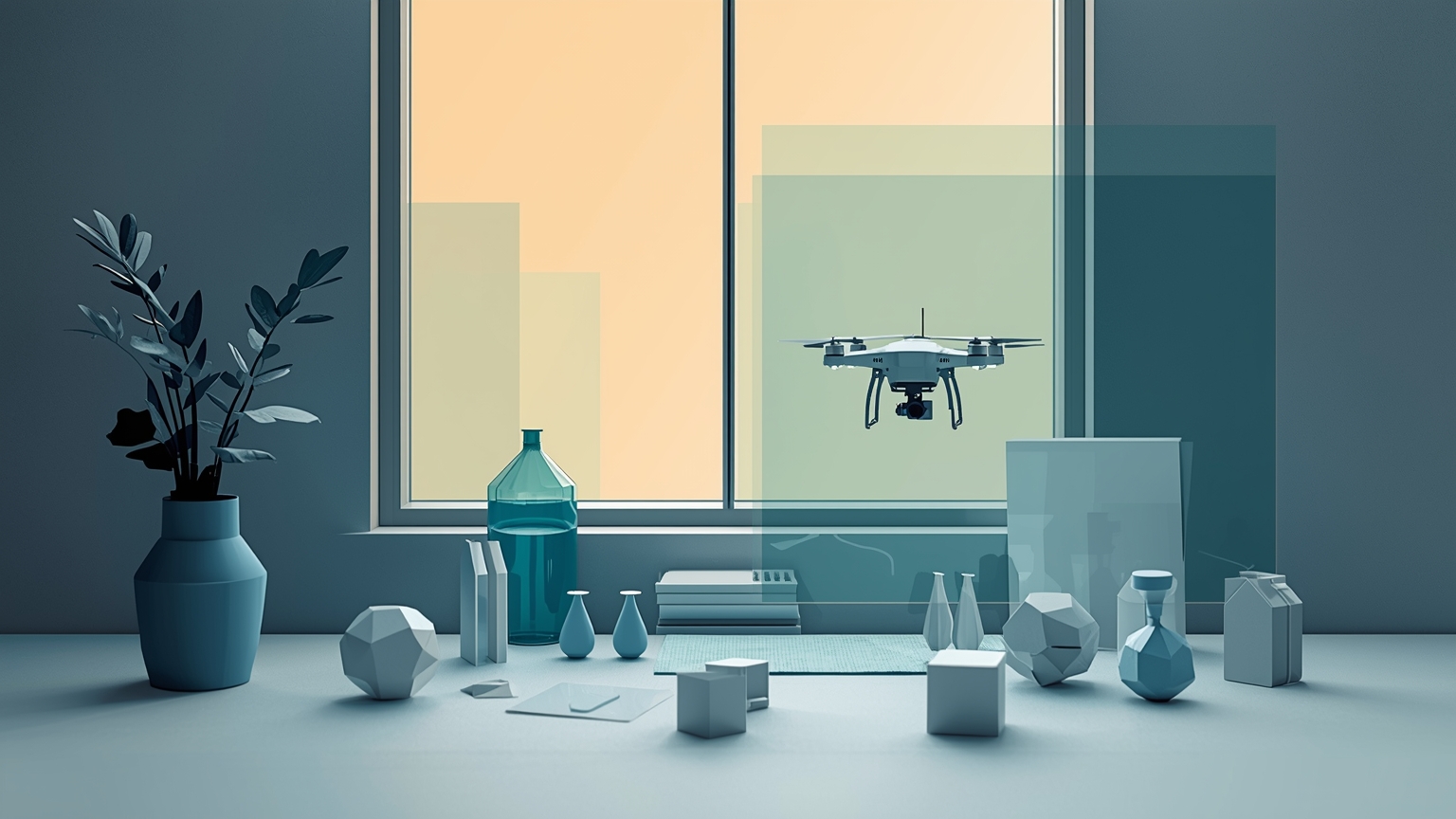 A corporate office window shows an AI agent as a small drone outside, repeatedly tapping the glass while inside, an operations manager discovers the intrusion only by accident through a side mirror, with security cameras pointed the wrong d