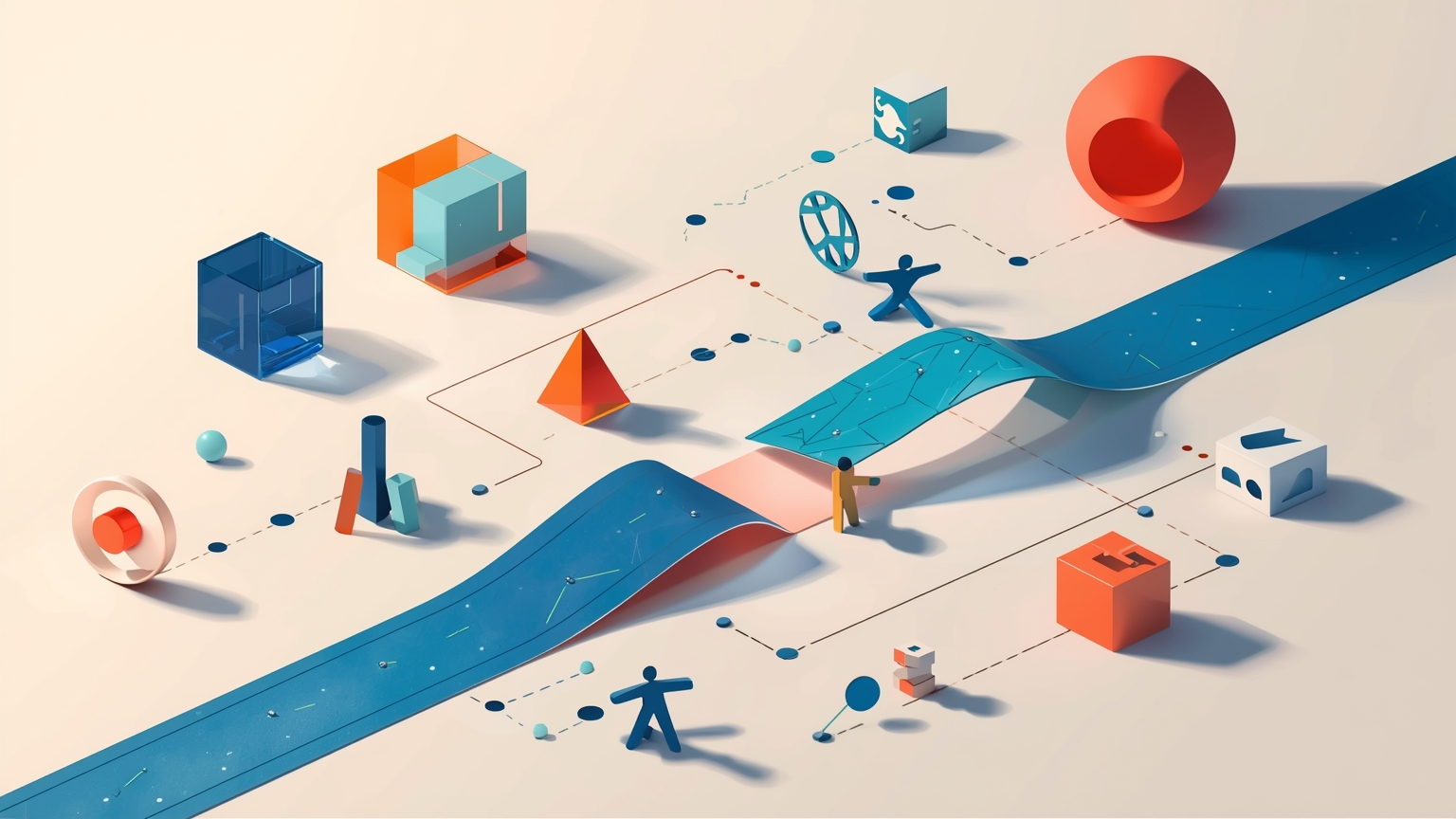 A product roadmap document on a desk with one path cleanly taped together from multiple colored segments while another path shows a single torn strip abruptly ending at a safety barrier.