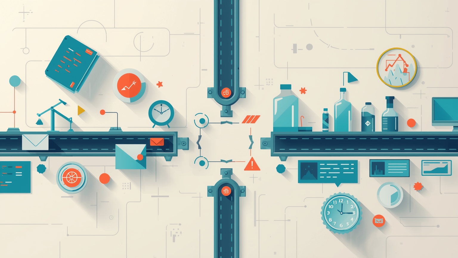 A product team stands at a forked assembly line: one path feeds prefabricated interface modules stamped with a vendor logo through a conveyor into their product chassis; the other path shows hand-built components being welded into place wit