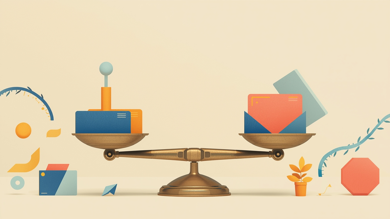 A single mechanical scale in balance: one pan holds a small stack of identical clock faces, the other holds an irregular cluster of gears, a judge's gavel, and a wrench—representing time savings outweighed by exception handling, decision qu