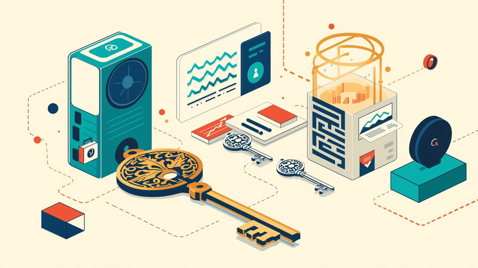 A single master key, engraved with faint decision-tree patterns, rests in an open lock mechanism while multiple identical blank keys lie scattered nearby, suggesting one encoded solution unlocks many doors.
