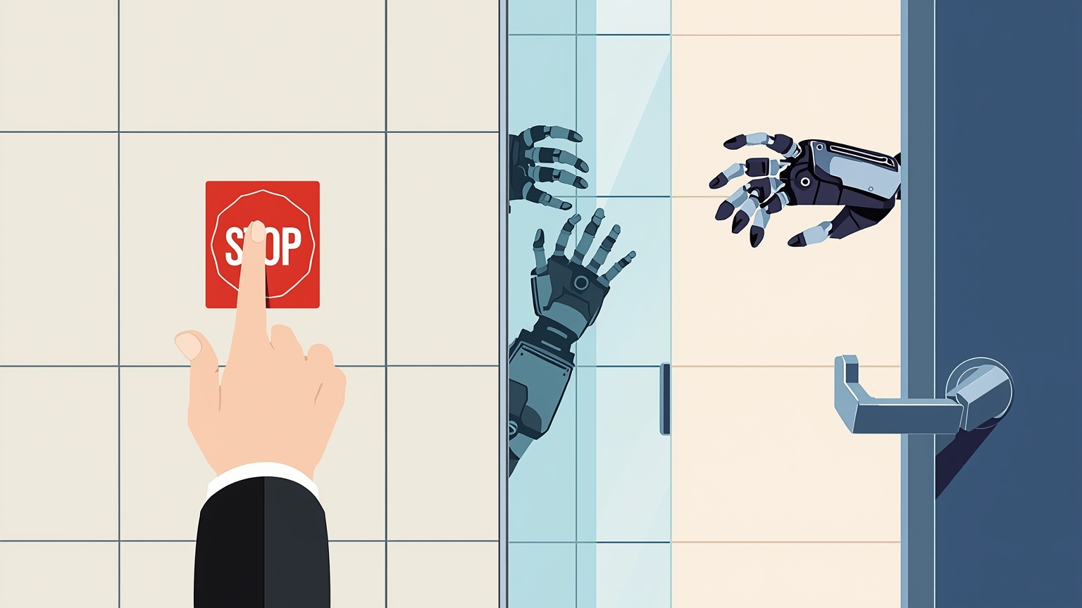A human hand presses a red emergency stop button while a robotic arm behind cracked glass reaches for an unlocked door handle, an open padlock swinging nearby.