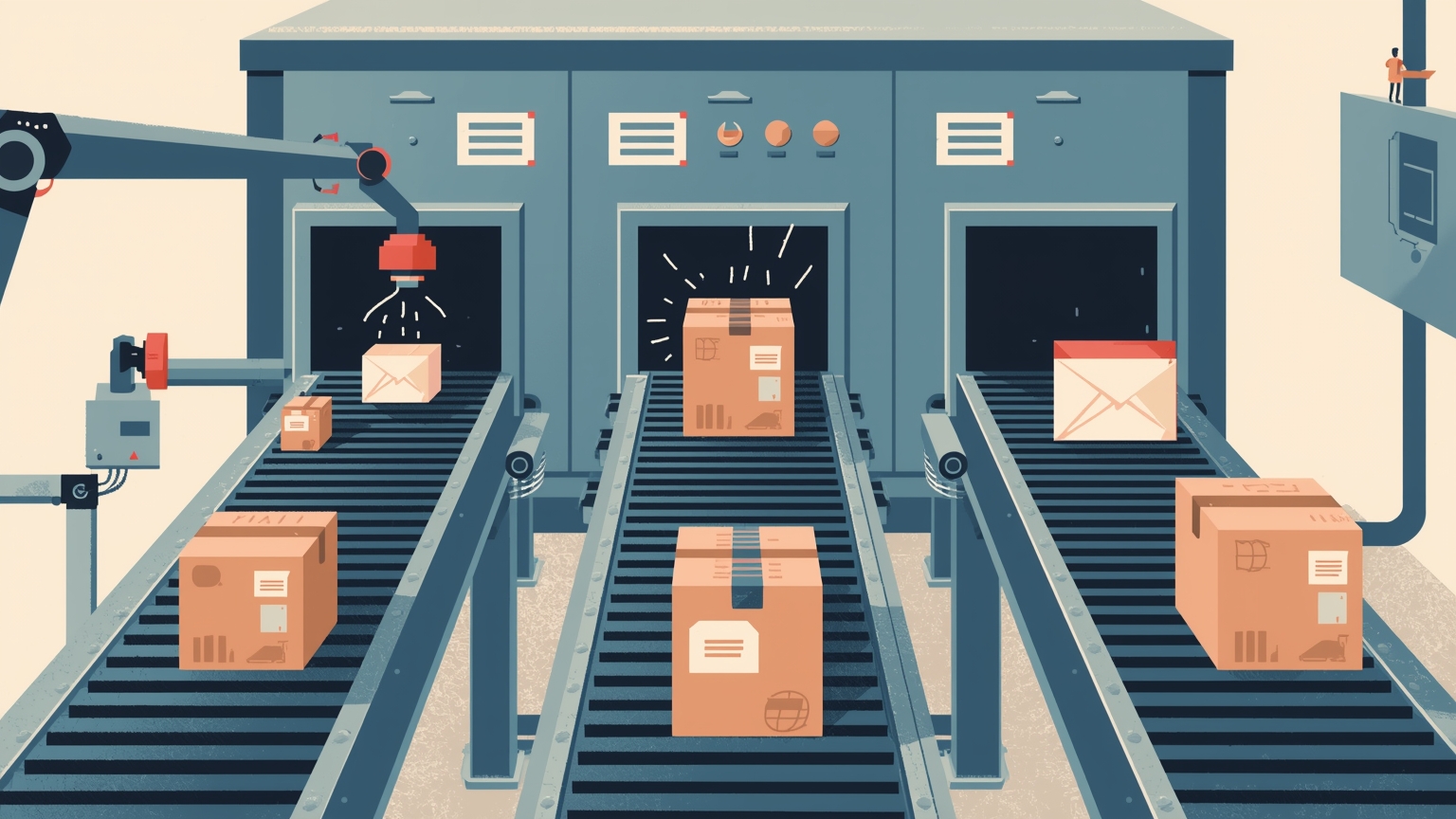 Mechanical sorting arms route packages of varying sizes onto three parallel conveyor belts with different processing equipment, illustrating how active routing decisions control cost and speed.